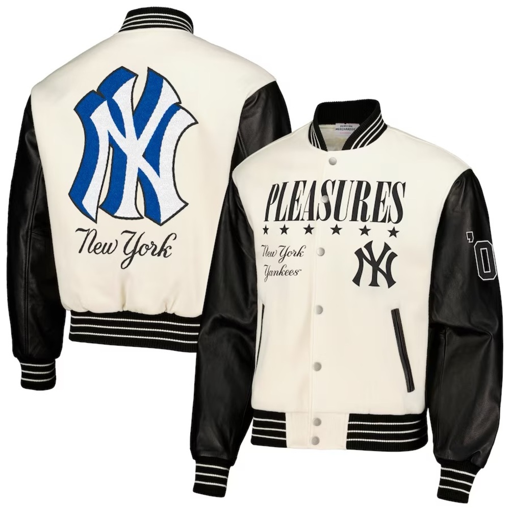 New York Yankees PLEASURES Full-Snap Varsity Jacket - White